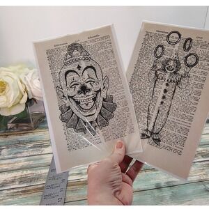 Circus Clowns Duo Vintage Dictionary Page Decor Carnival Nostalgic Style Quirky